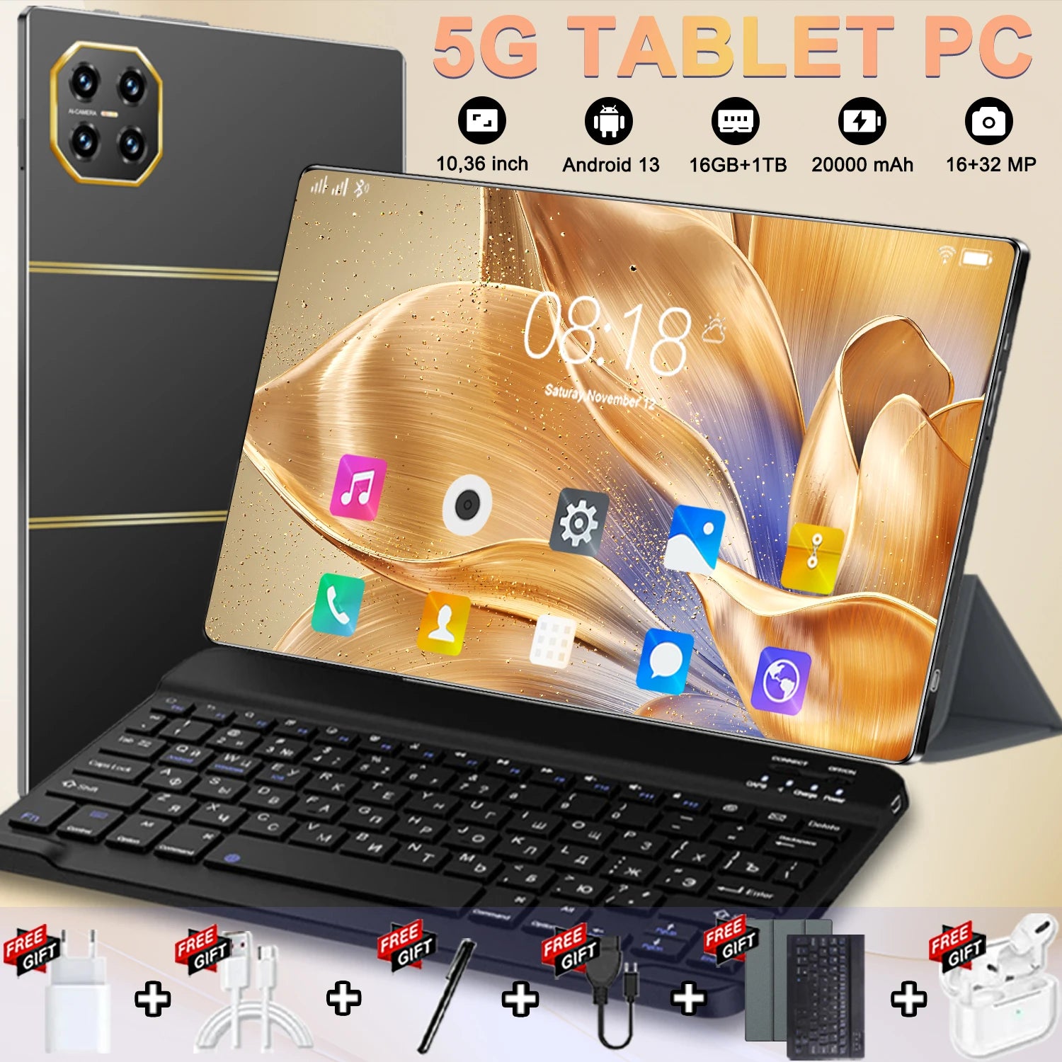 10.36inch HD 4K Global Version New Tablet 16GB+1T  Android13 20000mAh 5G Dual SIM  WiFi GPS WPS Tablet PC