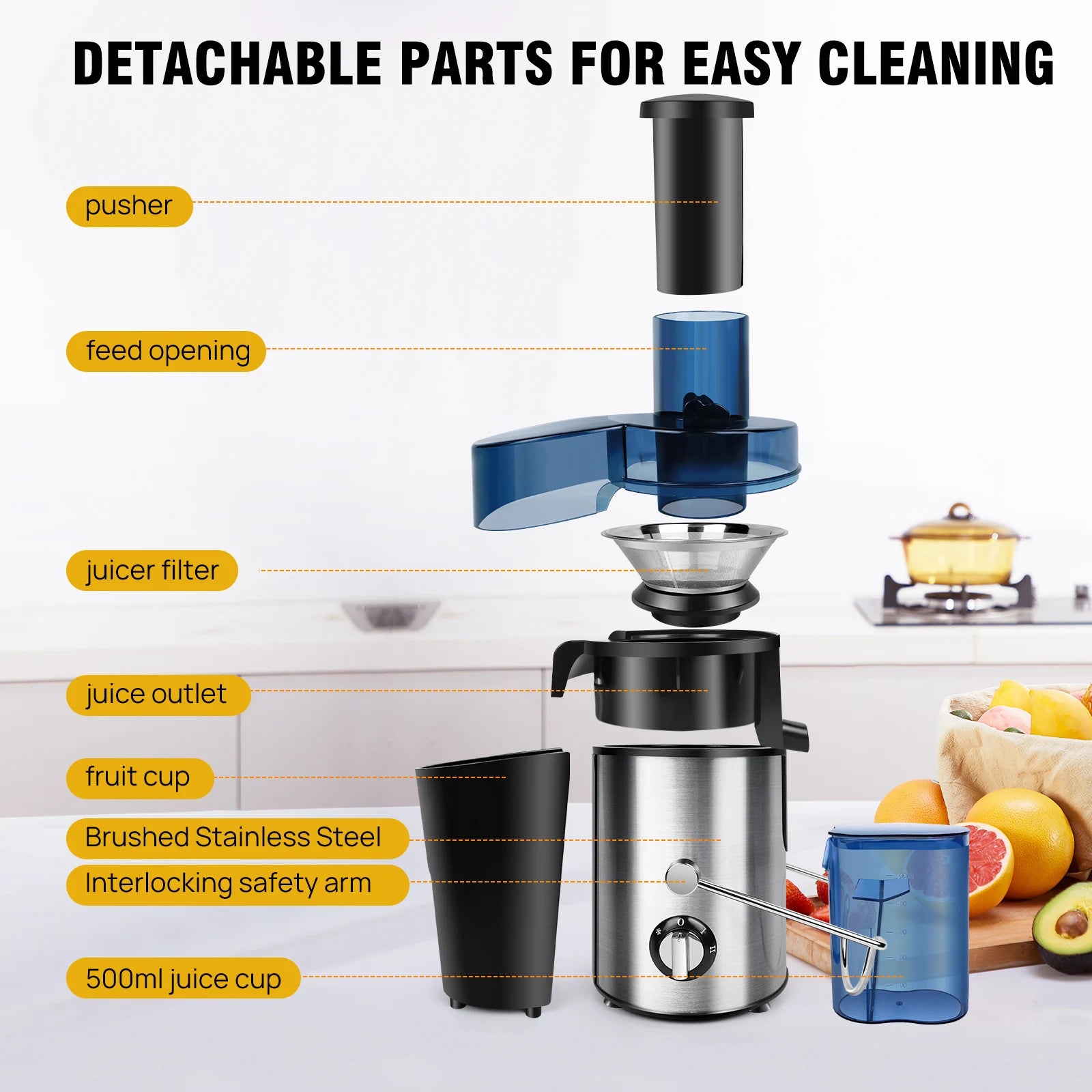 1000W Juicer Machine Juice Maker Whole Fruit Extractor Centrifugal Whole Fruit Vegetable Juice Extractor Stainless Steel 500ML