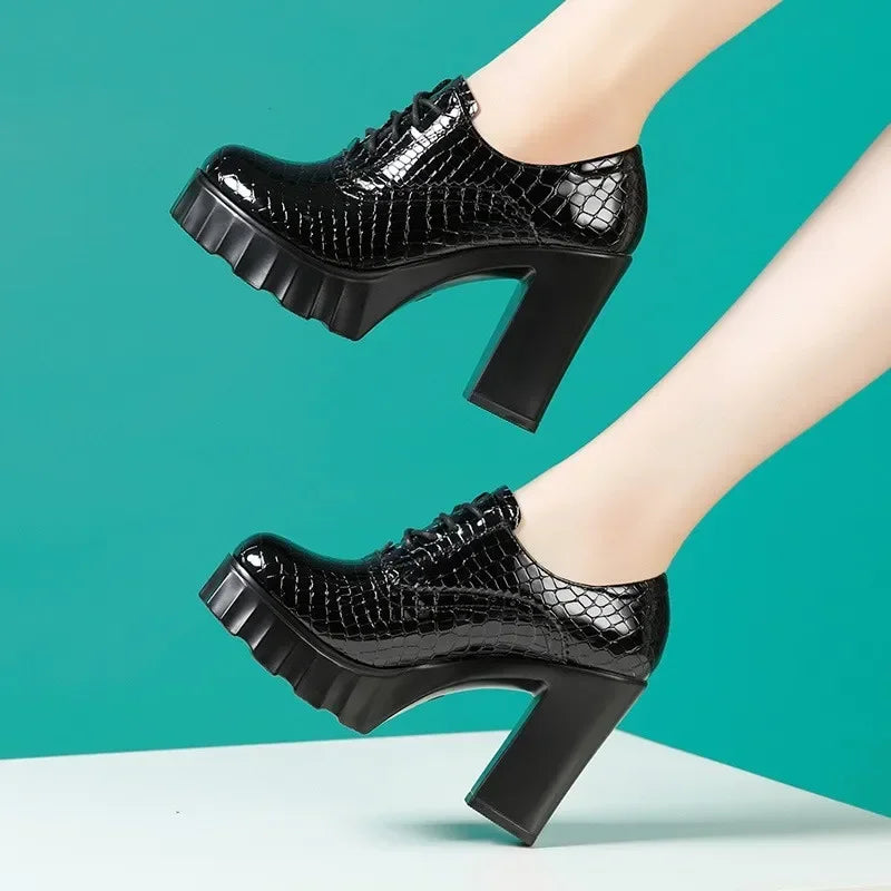 10cm Small Size 32-43 Quality Genuine Leather Shoes Deep Mouth Oxfords with Fur 2025 Fall Block High Heels Pumps Platform Model