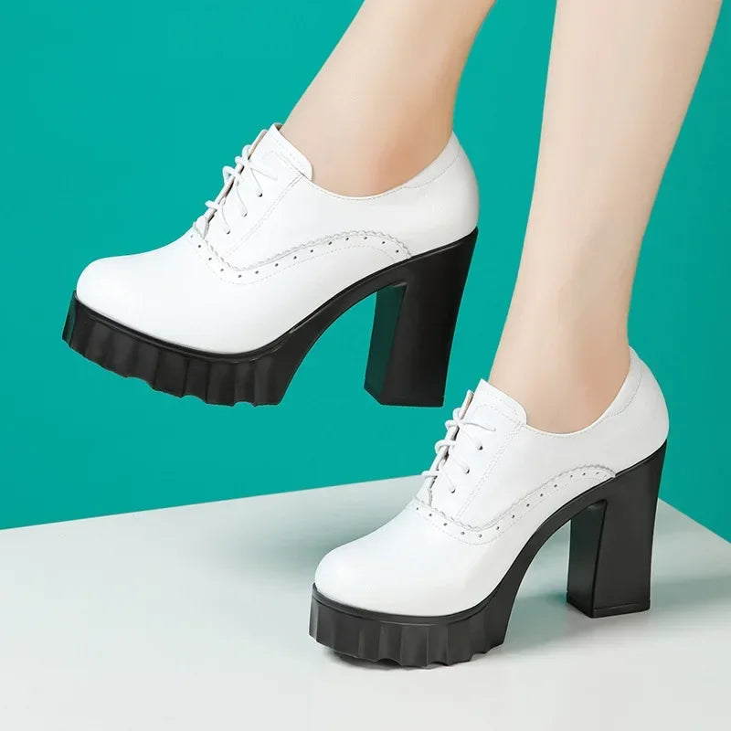 10cm Small Size 32-43 Quality Genuine Leather Shoes Deep Mouth Oxfords with Fur 2025 Fall Block High Heels Pumps Platform Model