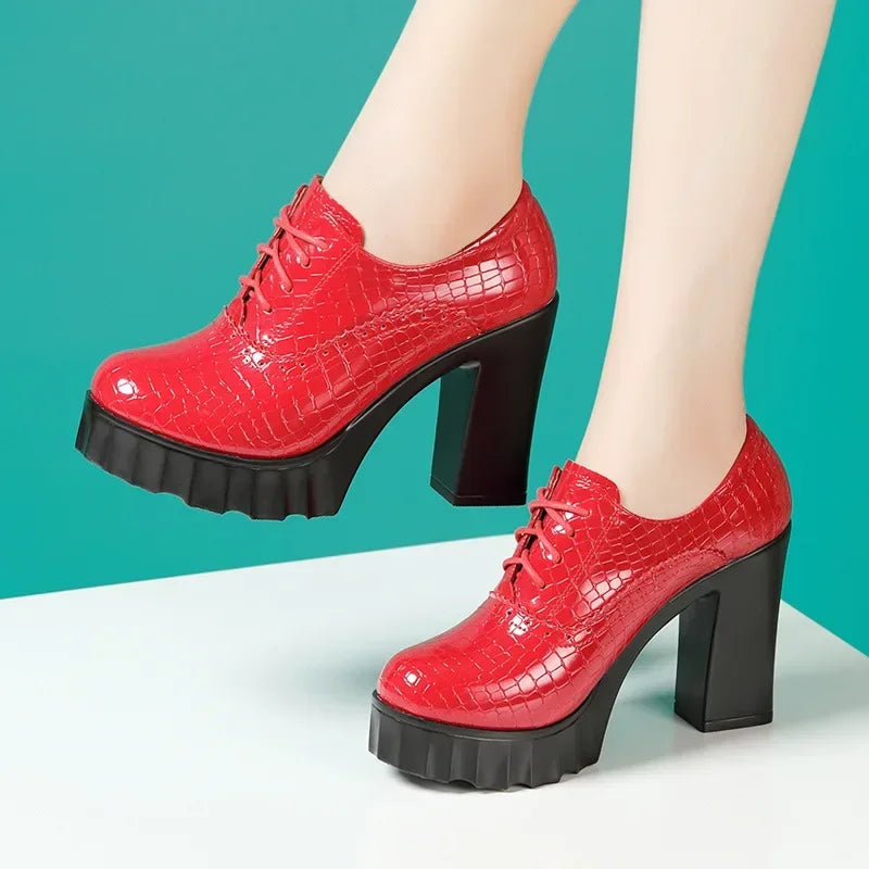 10cm Small Size 32-43 Quality Genuine Leather Shoes Deep Mouth Oxfords with Fur 2025 Fall Block High Heels Pumps Platform Model