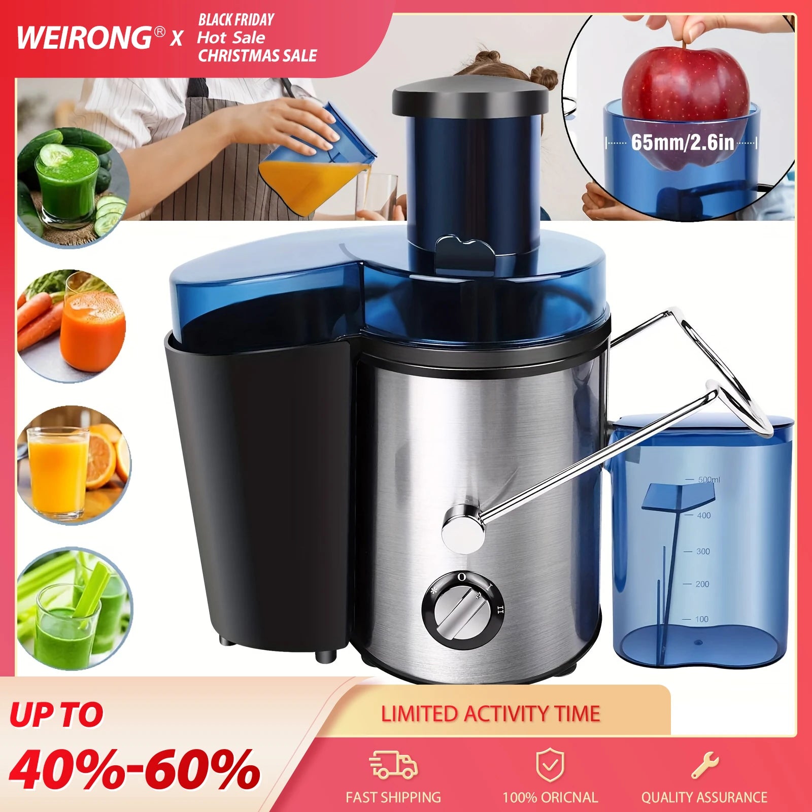 1000W Juicer Machine Juice Maker Whole Fruit Extractor Centrifugal Whole Fruit Vegetable Juice Extractor Stainless Steel 500ML