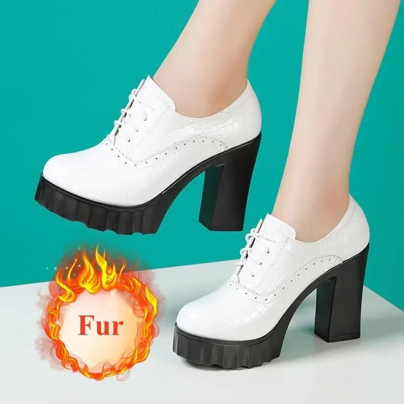 10cm Small Size 32-43 Quality Genuine Leather Shoes Deep Mouth Oxfords with Fur 2025 Fall Block High Heels Pumps Platform Model