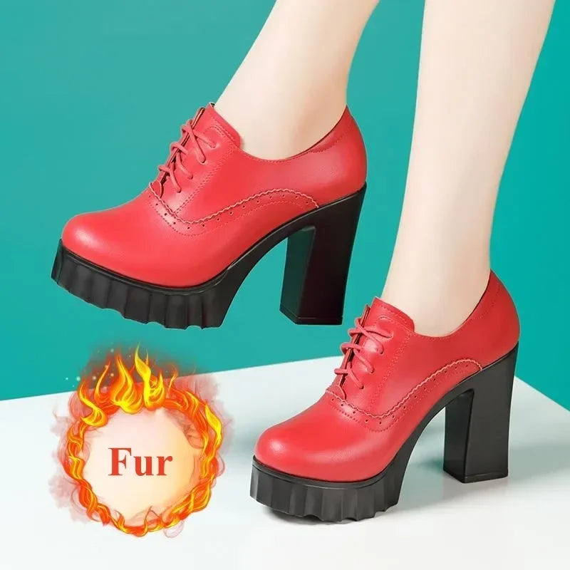 10cm Small Size 32-43 Quality Genuine Leather Shoes Deep Mouth Oxfords with Fur 2025 Fall Block High Heels Pumps Platform Model