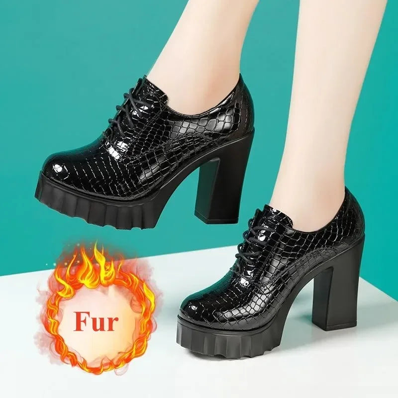 10cm Small Size 32-43 Quality Genuine Leather Shoes Deep Mouth Oxfords with Fur 2025 Fall Block High Heels Pumps Platform Model