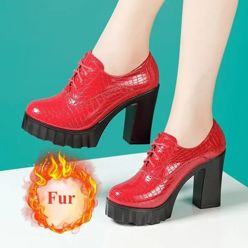 10cm Small Size 32-43 Quality Genuine Leather Shoes Deep Mouth Oxfords with Fur 2025 Fall Block High Heels Pumps Platform Model