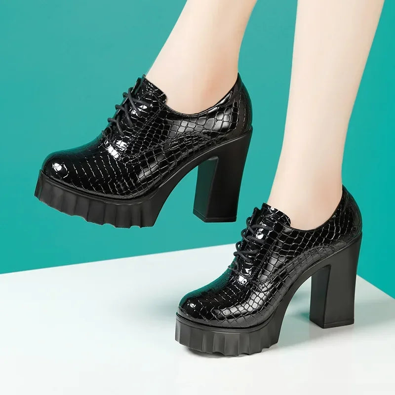 10cm Small Size 32-43 Quality Genuine Leather Shoes Deep Mouth Oxfords with Fur 2025 Fall Block High Heels Pumps Platform Model