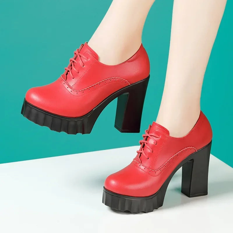 10cm Small Size 32-43 Quality Genuine Leather Shoes Deep Mouth Oxfords with Fur 2025 Fall Block High Heels Pumps Platform Model