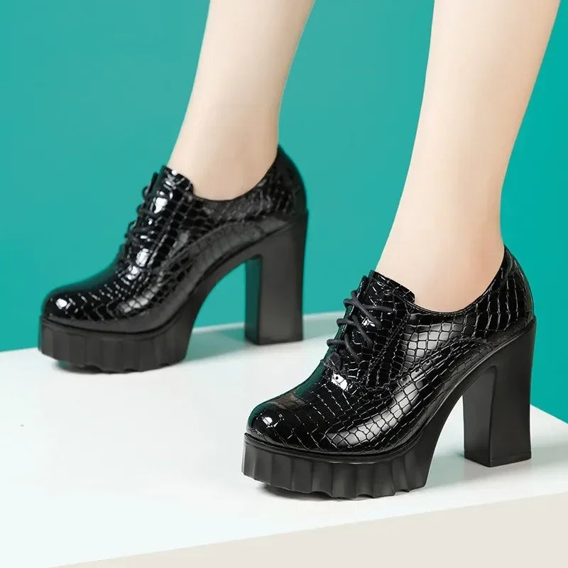 10cm Small Size 32-43 Quality Genuine Leather Shoes Deep Mouth Oxfords with Fur 2025 Fall Block High Heels Pumps Platform Model