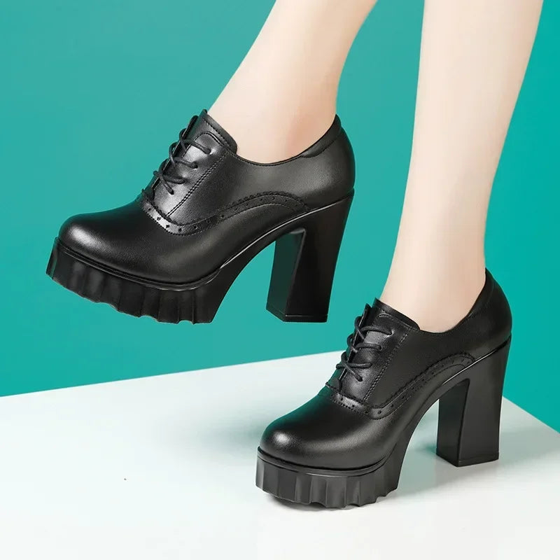 10cm Small Size 32-43 Quality Genuine Leather Shoes Deep Mouth Oxfords with Fur 2025 Fall Block High Heels Pumps Platform Model