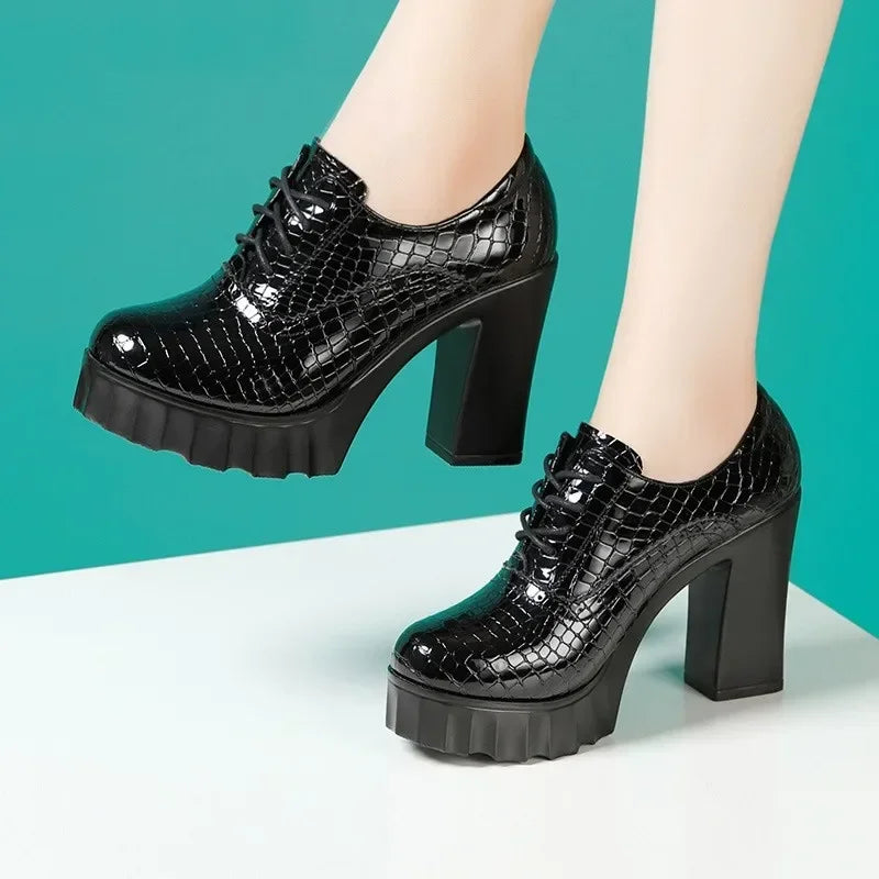 10cm Small Size 32-43 Quality Genuine Leather Shoes Deep Mouth Oxfords with Fur 2025 Fall Block High Heels Pumps Platform Model